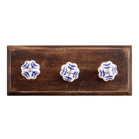 Blue Leaf Medium Ceramic Wooden Hooks